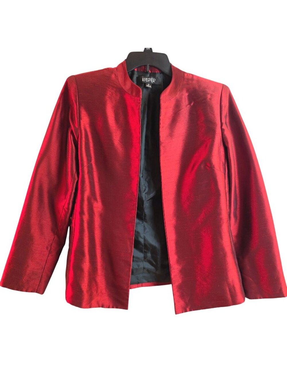 Kasper Red Satin Blazer Jacket Womens 12 Open Front Lined Career Formal
